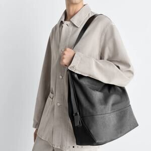 $790 Lemaire Belted Tote Bag Cotton Canvas Leather In Ash Black Made In Italy